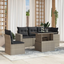 Set de sofás de jardín 6 pzas y cojines ratán sintético gris