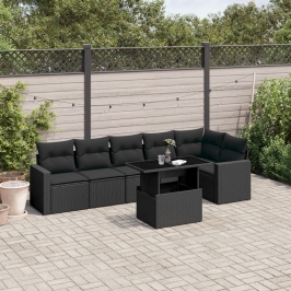 Set de sofás de jardín 7 pzas con cojines ratán sintético negro