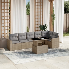 Set sofás de jardín 7 piezas y cojines ratán sintético beige