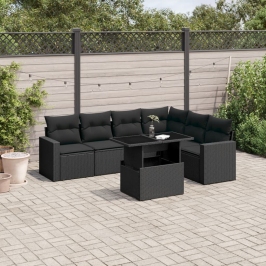 Set de sofás de jardín 7 pzas con cojines ratán sintético negro