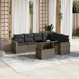 Set de sofás de jardín 7 pzas con cojines ratán sintético gris