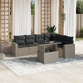 Set de sofás de jardín 7 pzas con cojines ratán PE gris claro