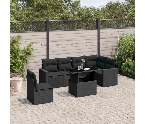 Set de sofás de jardín 7 pzas con cojines ratán sintético negro