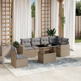Set sofás de jardín 7 piezas y cojines ratán sintético beige