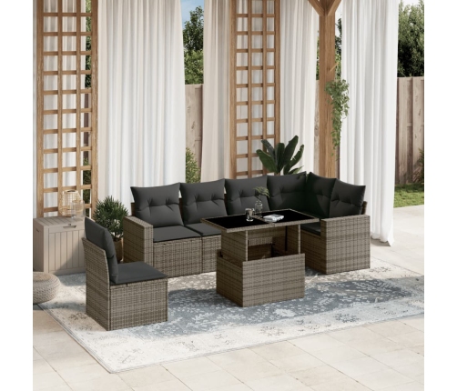 Set de sofás de jardín 7 pzas con cojines ratán sintético gris