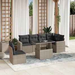 Set de sofás de jardín 7 pzas con cojines ratán PE gris claro