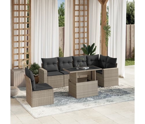 Set de sofás de jardín 7 pzas con cojines ratán PE gris claro