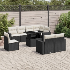 Set de sofás de jardín 8 piezas y cojines ratán sintético negro