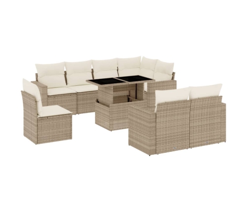 Set de sofás de jardín 9 pzas con cojines ratán sintético beige