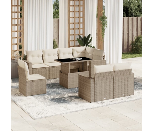 Set de sofás de jardín 9 pzas con cojines ratán sintético beige