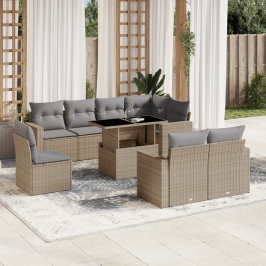 Set de sofás de jardín 9 pzas con cojines ratán sintético beige