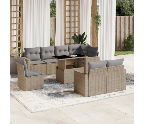 Set de sofás de jardín 9 pzas con cojines ratán sintético beige