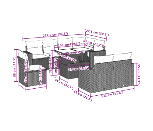 Set muebles jardín 9 pzas y cojines ratán sintético gris claro