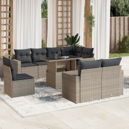Set muebles jardín 9 pzas y cojines ratán sintético gris claro