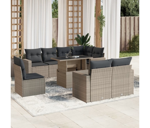 Set muebles jardín 9 pzas y cojines ratán sintético gris claro