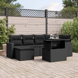 Set de sofás de jardín 7 pzas con cojines ratán sintético negro