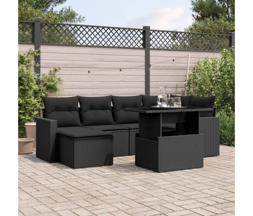 Set de sofás de jardín 7 pzas con cojines ratán sintético negro