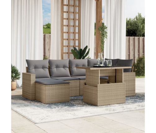 Set sofás de jardín 7 piezas y cojines ratán sintético beige
