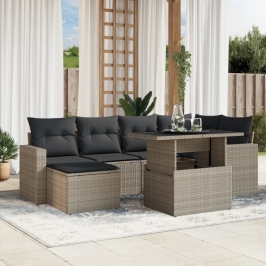 Set de sofás de jardín 7 pzas con cojines ratán PE gris claro