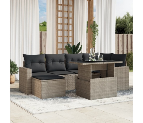 Set de sofás de jardín 7 pzas con cojines ratán PE gris claro