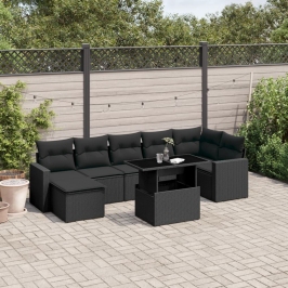 Set de sofás de jardín 8 piezas y cojines ratán sintético negro