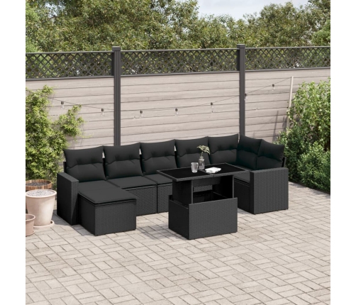 Set de sofás de jardín 8 piezas y cojines ratán sintético negro