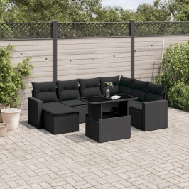Set de sofás de jardín 8 piezas y cojines ratán sintético negro