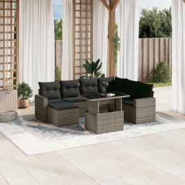 Set de sofás de jardín y cojines 8 piezas ratán sintético gris