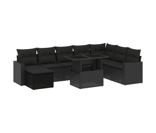 Set de sofás de jardín 8 piezas y cojines ratán sintético negro