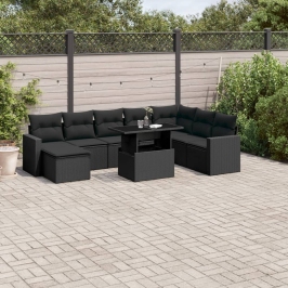 Set de sofás de jardín 8 piezas y cojines ratán sintético negro
