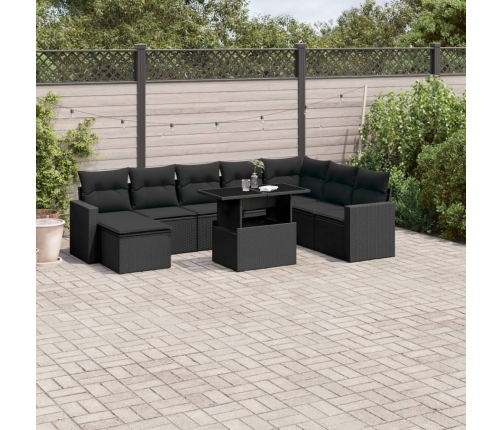 Set de sofás de jardín 8 piezas y cojines ratán sintético negro