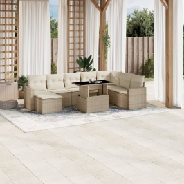 Set de sofás de jardín 9 pzas con cojines ratán sintético beige