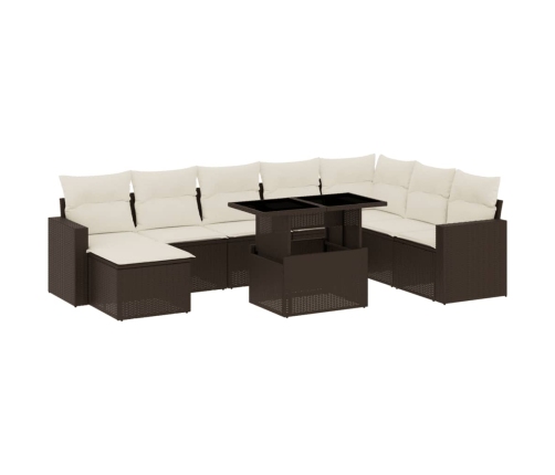 Set de sofás de jardín 9 pzas y cojines ratán sintético marrón