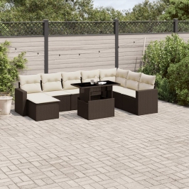 Set de sofás de jardín 9 pzas y cojines ratán sintético marrón