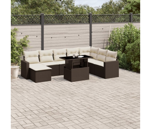 Set de sofás de jardín 9 pzas y cojines ratán sintético marrón