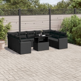 Set de sofás de jardín 10 pzas cojines ratán sintético negro