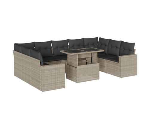 Set sofás jardín 10 pzas con cojines ratán sintético gris claro