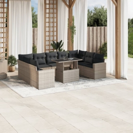 Set sofás jardín 10 pzas con cojines ratán sintético gris claro
