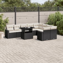 Set de sofás de jardín 10 pzas cojines ratán sintético negro