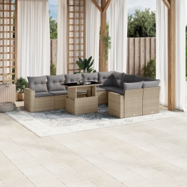 Juego de sofás jardín con cojines beige 10 pzas ratán sintético
