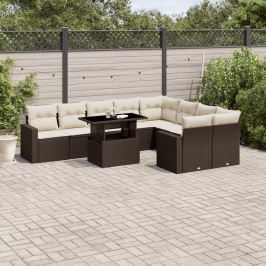 Set de sofás de jardín 10 pzas y cojines ratán sintético marrón