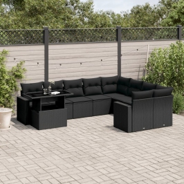 Set de sofás de jardín 10 pzas cojines ratán sintético negro
