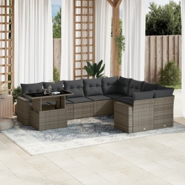 Set de sofás de jardín 10 pzas con cojines ratán sintético gris