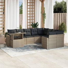 Set sofás jardín 10 pzas con cojines ratán sintético gris claro