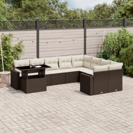 Set de sofás de jardín 10 pzas y cojines ratán sintético marrón
