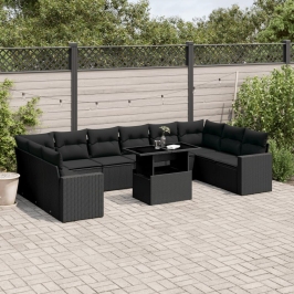Set de sofás de jardín 11 pzas y cojines ratán sintético negro