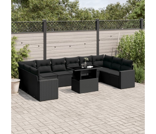 Set de sofás de jardín 11 pzas y cojines ratán sintético negro