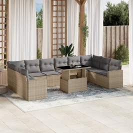 Set de sofás de jardín 11pzas con cojines ratán sintético beige