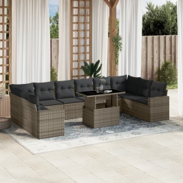 Set de sofás de jardín 11 pzas y cojines ratán sintético gris