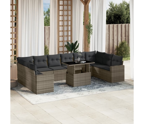 Set de sofás de jardín 11 pzas y cojines ratán sintético gris